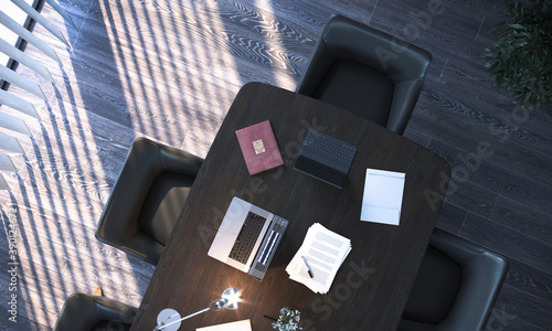 Modern conference room interior with a large wooden table and laptops above it. 3d rendering.