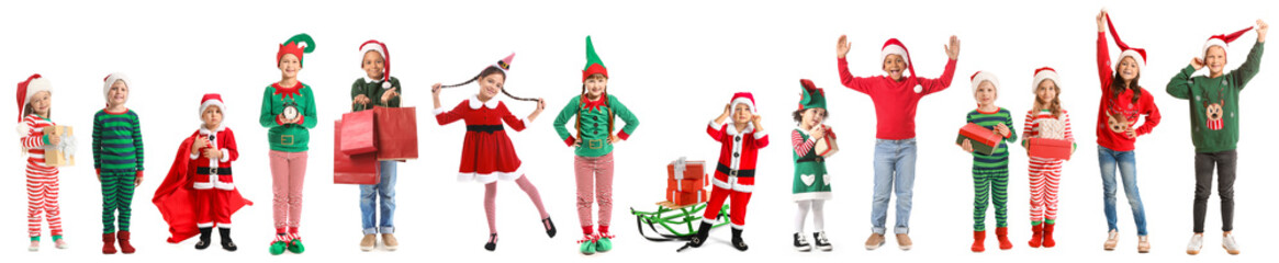 Happy little children with Christmas gifts on white background