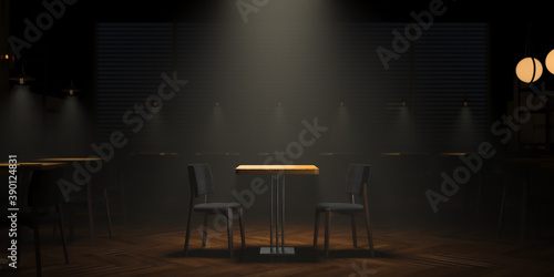 Fototapeta Naklejka Na Ścianę i Meble -  Table And Two Chairs Under Spotlight or Lamp In The Center Of Cafe Or Restautant. Cafe Interior
