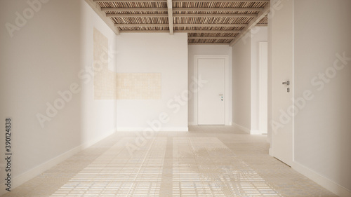 Empty room interior design  open space with white walls and ceramic tiles floor  wooden bamboo ceiling  modern contemporary architecture  morning light  mock-up with copy space