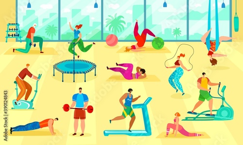 Fitness people training body in gym vector illustration. Cartoon flat active man woman characters train, do sport exercise, gymnastics or yoga asana pose, workout healthy sport activity background
