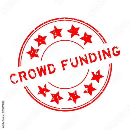 Grunge red crowd funding word with star icon round rubber seal stamp on white background