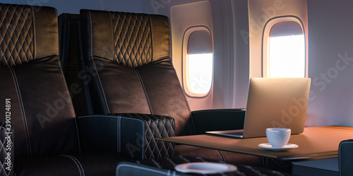 Business Class In Airplane Interior With Cozy Leather Armchairs. Modern Laptop Comfortable Flight. 3d rendering