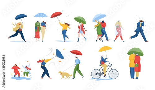 People with umbrella under rain storm wind vector illustration set. Cartoon flat man woman characters in raincoats holding umbrellas, standing or walking in rainy spring or fall day isolated on white