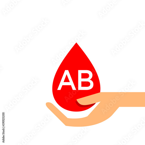 Blood drop AB type on hand for icon, clip art red blood drop, Blood AB type, Drop blood in hand symbol isolated on white