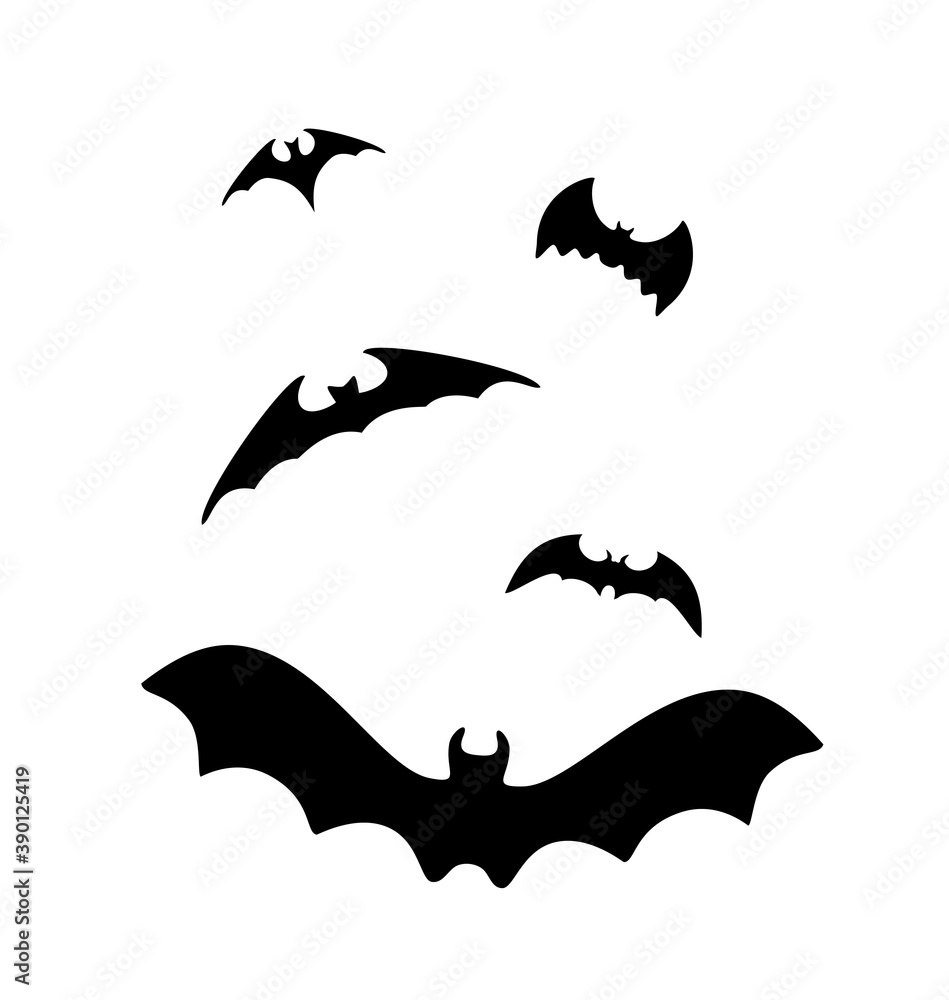 Group flying bats silhouette isolated on white background. Vector set.
