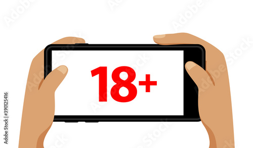 18+ on smartphone blank screen in hand isolated on white, adults age only concept, over 18 plus only censored on mobile phone white screen, eighteen age older forbidden for adult content