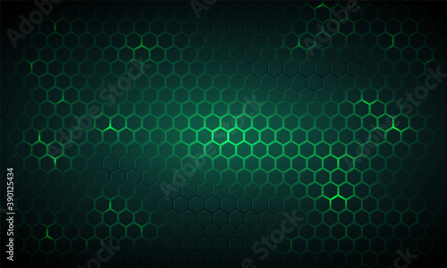 Dark green technology hexagonal vector background. Abstract green bright energy flashes under hexagon in dark technology, modern, futuristic vector illustration. Green honeycomb texture grid.