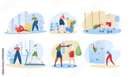 Personal trainer sport coach vector illustration set. Cartoon flat active sportsman character training with fitness teacher instructor in gym workout activity, healthy lifestyle isolated on white