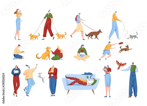 People love pets vector illustration set. Cartoon flat man woman owner characters spend time together with own beloved animal pet friend, walking training playing at home or outdoors isolated on white