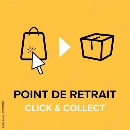 Click and Collect concept. E-commerce click and collect online ordering service symbol. Shopping bag. Shopping cart. Pickup location in French.