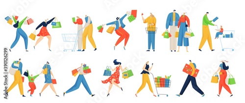 Shopping people vector illustration set. Cartoon flat shopper family characters buying in grocery shop supermarket with basket and cart, buyers walking with purchase gifts in bags isolated on white
