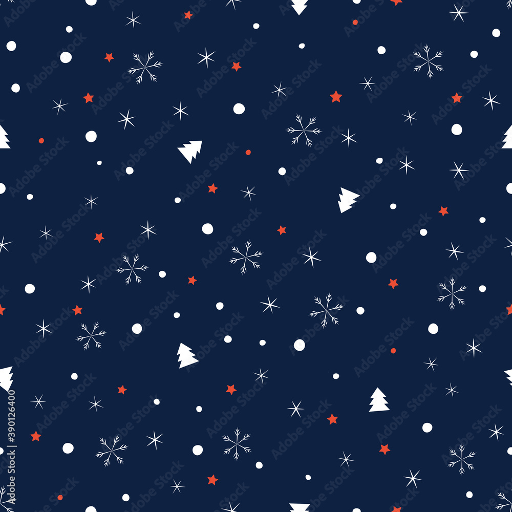 Vector seamless pattern with snowflakes and fir. Cute print for fabric, linen and pajamas, web page, scrapbooking album, gift and wrapping paper, greeting cards, cover, winter decorations, collages.