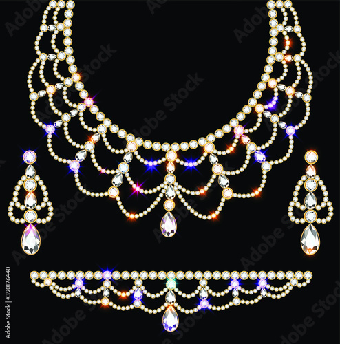 Illustration of jewelry set bracelet earrings and necklace with precious stones.
