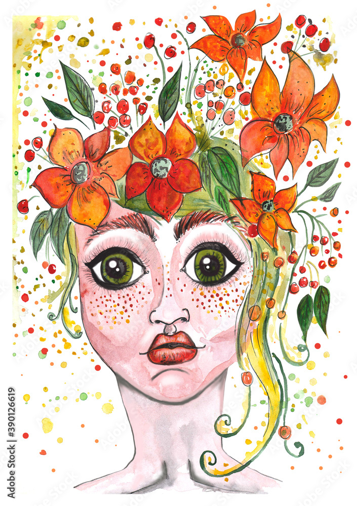 girl with flowers in her hair in autumn colors watercolor illustration. For prints, calendars, textiles.