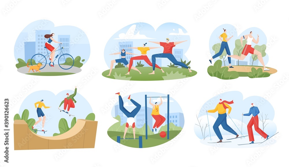 People in sport outdoor activity vector illustration set. Cartoon flat active sportsman doing sport exercise, family characters practice yoga together, friends skiing skateboarding isolated on white People in sport outdoor activity vector illustration set. Cartoon flat active sportsman doing sport exercise, family characters practice yoga together, friends skiing skateboarding isolated on white