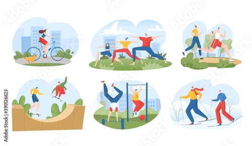 People in sport outdoor activity vector illustration set. Cartoon flat active sportsman doing sport exercise, family characters practice yoga together, friends skiing skateboarding isolated on white