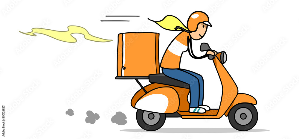 Frau auf Moped mit Thermobox mit Pizza Lieferung Frau auf Moped mit Thermobox mit Pizza Lieferung
