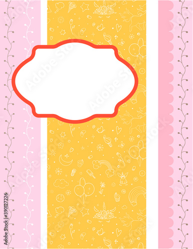 Design template for cute invitation card. Template for scrapbooking with hand drawn doodle patterns. For birthday, anniversary, party invitations. Vector