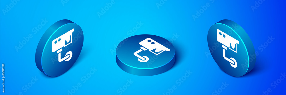Isometric Security camera icon isolated on blue background. Blue circle button. Vector. Isometric Security camera icon isolated on blue background. Blue circle button. Vector.