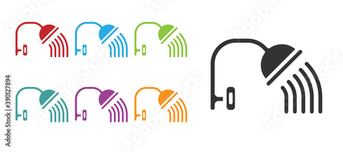 Black Shower head with water drops flowing icon isolated on white background. Set icons colorful. Vector.