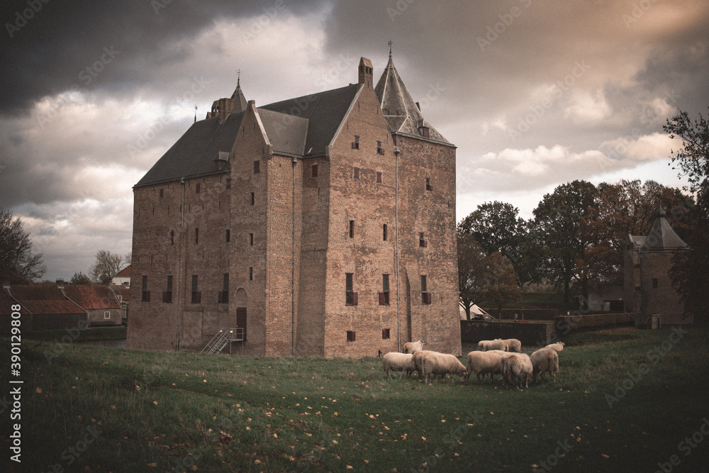Castle of Loevestein at an autumn day with some sheep. Mysterious edit in landscape view.