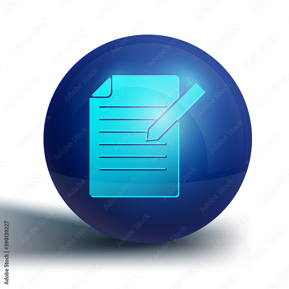 Blue Document and pen icon isolated on white background. File icon. Checklist icon. Business concept. Blue circle button. Vector. Blue Document and pen icon isolated on white background. File icon. Checklist icon. Business concept. Blue circle button. Vector.