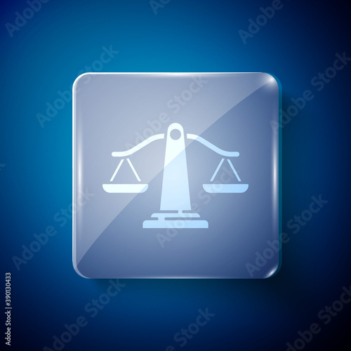 White Scales of justice icon isolated on blue background. Court of law symbol. Balance scale sign. Square glass panels. Vector.