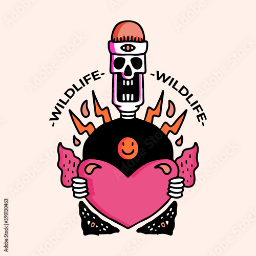 Cool skull with beanie in hype style holding a big heart, with wildlife typography, illustration for poster, sticker, or apparel merchandise.With tribal and hipster style.