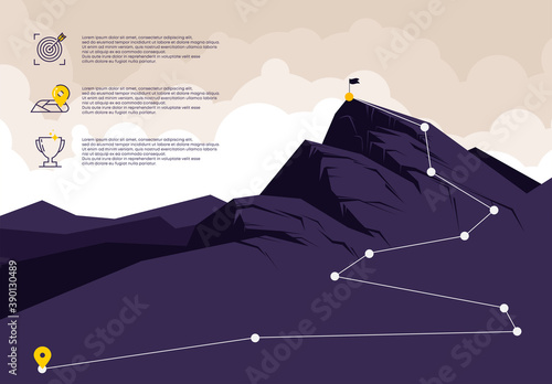 Vector illustration of the mountain landscape, with points for climbing to the top, icons for planning mountain climbing with a description