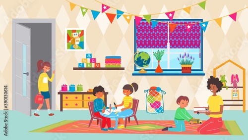 Kindergarten teacher with girl boy kid play in room, vector illustration. Preschool classroom with toy, little children and happy woman design. Childhood elementary study, lesson in class.