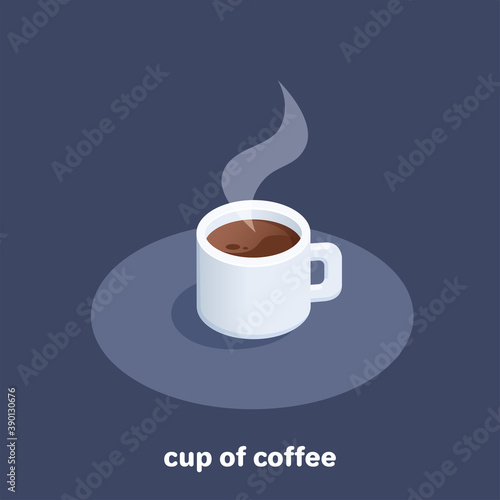 isometric vector image on black background, white cup of hot coffee
