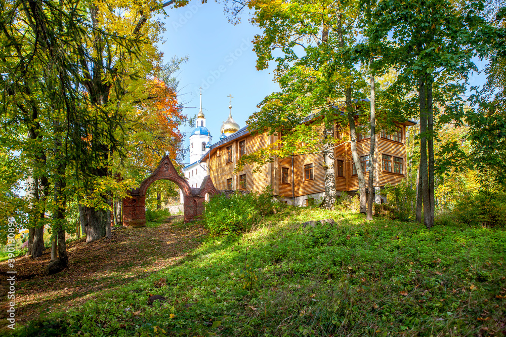 Arch over the main entrance to the Cheremenets Ioanno-Theological Monastery. Cheremenets. Luga district, Leningrad region. Russia