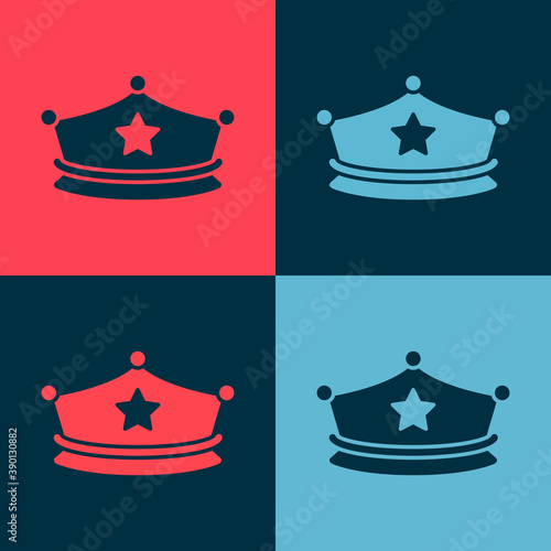 Pop art Police cap with cockade icon isolated on color background. Police hat sign. Vector.