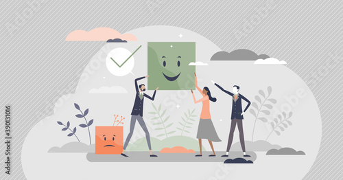 Choosing positive smiling colleague as right decision tiny person concept