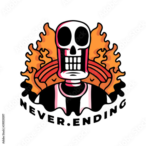 skull in hype style and fire behind, with never ending typography, illustration for poster, sticker, or apparel merchandise.With tribal and hipster style.