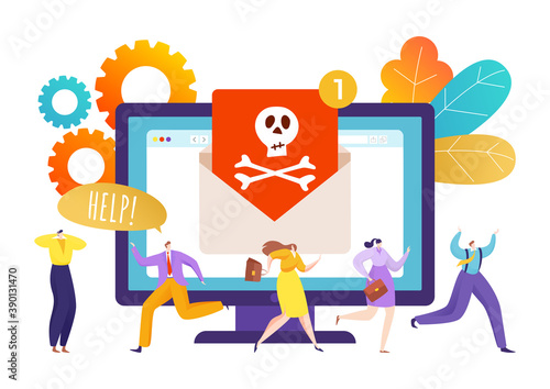 Computer internet security virus, data protection technology from hacker vector illustration. Spam attack to people online, hacking webmail concept. Flat criminal person at cyber space.