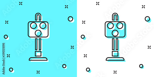 Black line Train traffic light icon isolated on green and white background. Traffic lights for the railway to regulate the movement of trains. Random dynamic shapes. Vector.