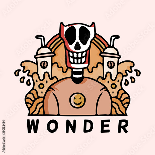 skull and coffee cup in hype style with wonder typography, illustration for poster, sticker, or apparel merchandise.With tribal and hipster style.