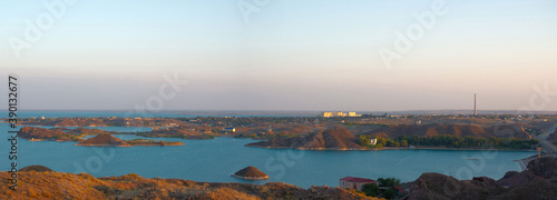 Panoramic view of Kapchagay city and lake