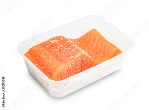 Piece of fresh salmon fillet sliced in plastic box isolated on white background ,include clipping path