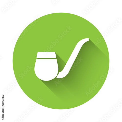 White Smoking pipe with smoke icon isolated with long shadow. Tobacco pipe. Green circle button. Vector.