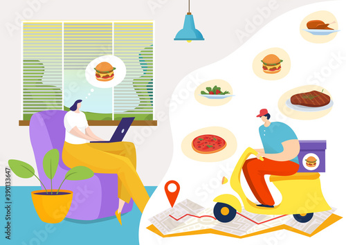 Delivery online app service at laptop, fast food order business vector illustration. Flat people buy lunch concept, restaurant delivery worker shipping dinner design. Internet technology for home.