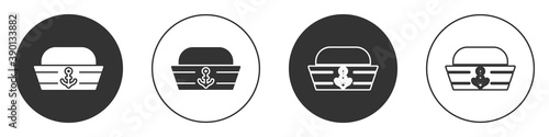 Black Sailor hat icon isolated on white background. Circle button. Vector.
