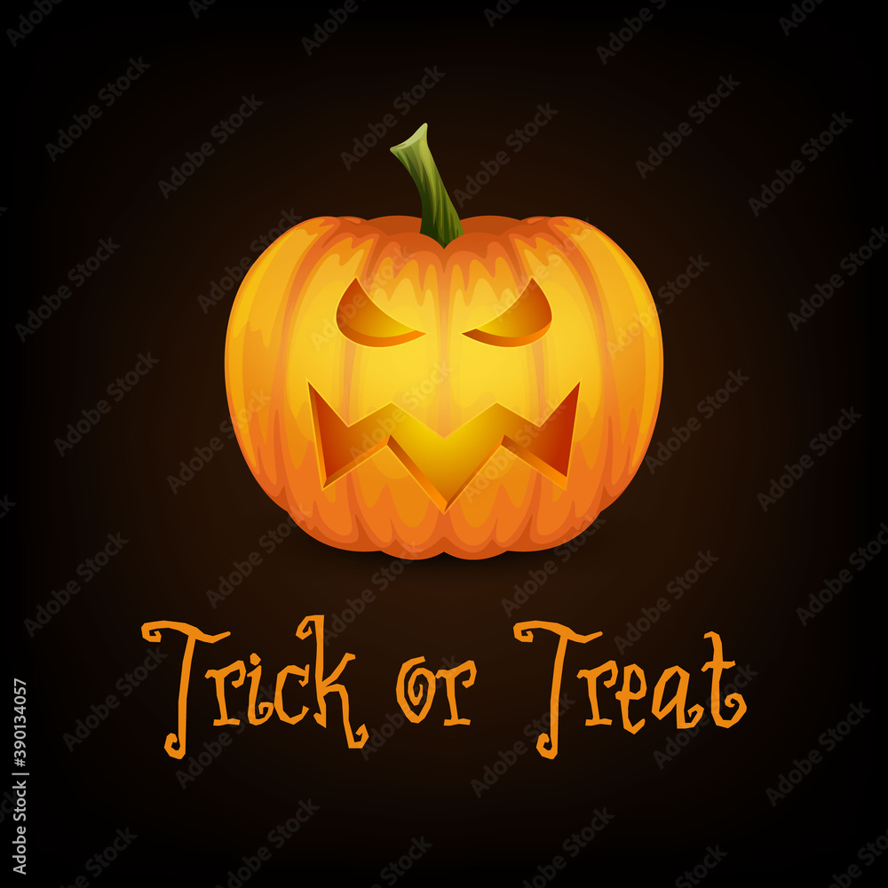 Trick or Treat. Happy Halloween Banner with Pumkin. Vector Cartoon Halloween Pumkin Lantern with Funny Face on Dark Background. Front View. Design Template. Autumn Holidays, Halloween Concept Trick or Treat. Happy Halloween Banner with Pumkin. Vector Cartoon Halloween Pumkin Lantern with Funny Face on Dark Background. Front View. Design Template. Autumn Holidays, Halloween Concept