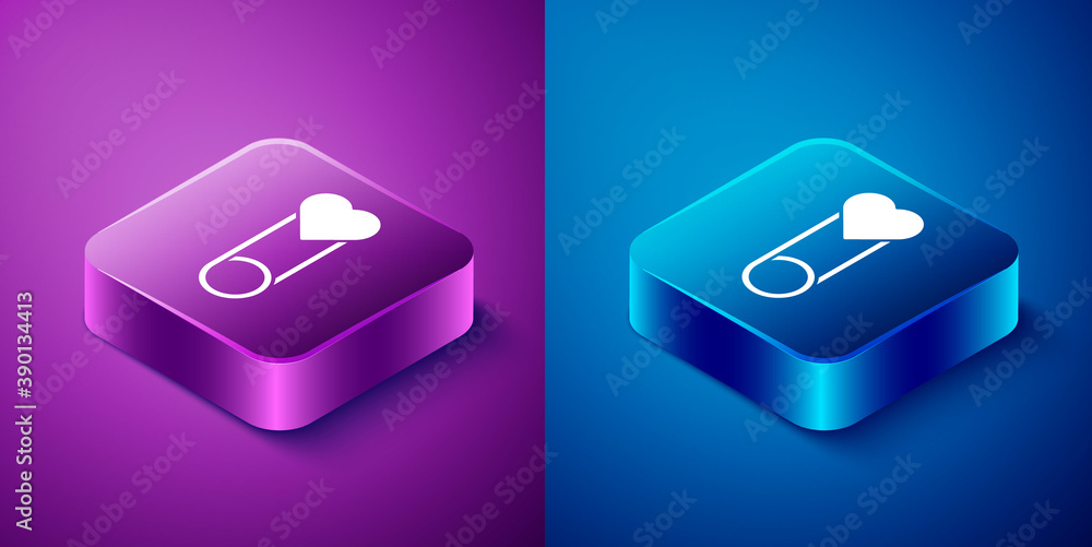 Isometric Baby clothes pin icon isolated on blue and purple background. Classic closed steel safety pin. Square button. Vector. Isometric Baby clothes pin icon isolated on blue and purple background. Classic closed steel safety pin. Square button. Vector.