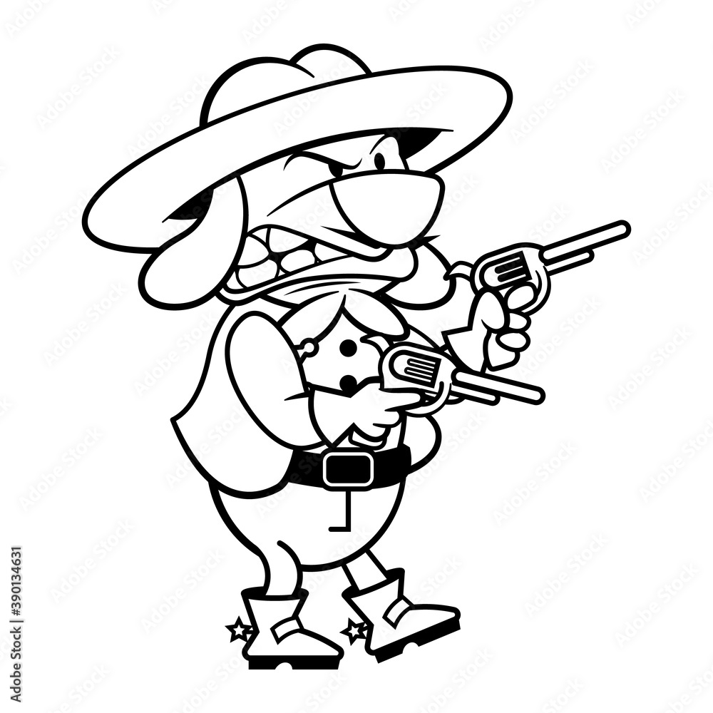 Funny Dog Cartoon Characters wearing cowboy hat and boots as a sheriff, get ready to shooting with revolver gun, best for coloring book of children with western themes Funny Dog Cartoon Characters wearing cowboy hat and boots as a sheriff, get ready to shooting with revolver gun, best for coloring book of children with western themes