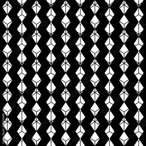 White rhombic lines on black background. Seamless surface pattern design with diamonds ornament. Rhombuses wallpaper. Lozenge motif. Digital paper for textile print, page fill, web designing. Vector.