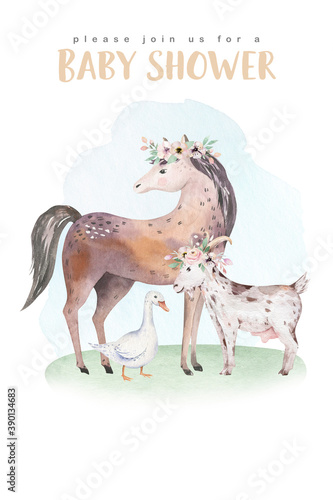 Farms animal isolated set. Cute domestic farm pets watercolor illustration. horse and goat cartoon drawing.