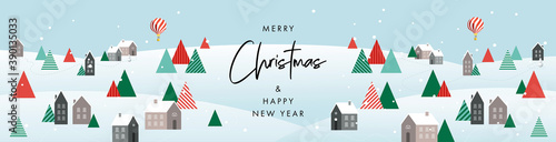 Merry Christmas and Happy New Year banner. Modern Xmas geometric design with winter landscape with village houses, forest in green, red, white colors. Horizontal poster, greeting card, header for web